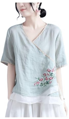 GHAKKE T-shirt Da Donna In Cotone E Lino In Stile Cinese Camicetta Hanfu Con Ricami Floreali Raffinati Camicia Casual A Maniche Corte Con Scollo A V(Green,L)