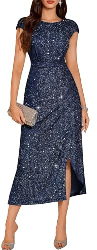 DRESSTELLS Cocktail Dress for Women, Spring Sparkly Formal Wedding Guest Evening Prom Party Sequin Mother Bride Slit Maxi Gown Dresses Glitter Navy M
