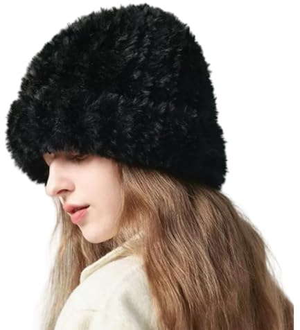 Maiduoduo Womens Winter Beanie Hat Knitted Warm Furry Beanie Skull Cap Winter Hats Slouchy Faux Fur Fuzzy Outdoor (Black)