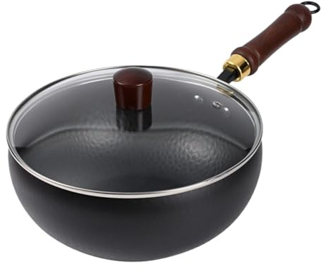 Kochwok – 24 cm traditionell järnpanna, traditionell järnwok, matlagningslock | ergonomisk obelagd yta, friktionsfritt material för hemmarestaurangen utomhus camping kök