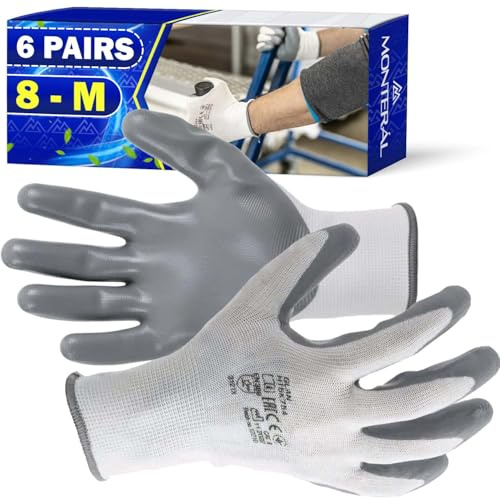 MONTERAL 6 Pares Guantes de Trabajo Talla 8 M Protección Cat II Recubiertos de Nitrilo Anti-Slip - Guantes Trabajo Hombre y Mujer Pueden Usarse para Obra Taller Mecanico Jardineria Montaje
