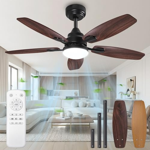 Takfläkt med belysning, tyst 106 cm DC-fläkt med fjärrkontroll, dimbar lampa, 3 000 K-6500 K, 5 vingar, 6 hastigheter, timer, för sovrum, matsal, vardagsrum, kök, kontor