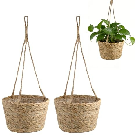 CAAGGMM Lot de 2 paniers suspendus de 20 cm pour plantes, paniers suspendus tressés à la main, pots de fleurs avec doublure, pour l'intérieur et l'extérieur (marron)