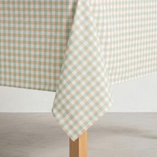 GAMUSI Mantel Antimanchas Cuadros Vichy Rectangular - Algodón Tejido, Tacto Natural, 140x100 cm, Agua Marina