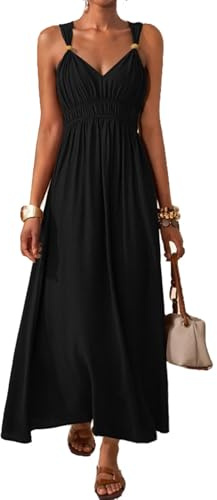 QUNERY Robe Longue Femme Été col en V sans Manches Robe Tunique Décontractée Robe Légère Plage Elégante