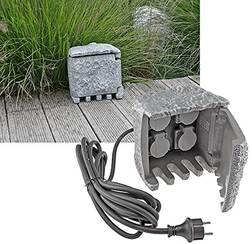 ChiliTec Gartensteckdose 4-Fach 5m Kabel mit Stecker Stein-Optik Steckdose mit Schutzdeckel IP44 - zugelassen für Aussenereich Kabel H07RN-F 3G1,5mm² Grau
