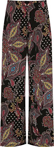 WearAll Plus Womens Wide Leg Palazzo Trouser Pants Ladies Flared Paisley Print Stretch - Black - 12-14