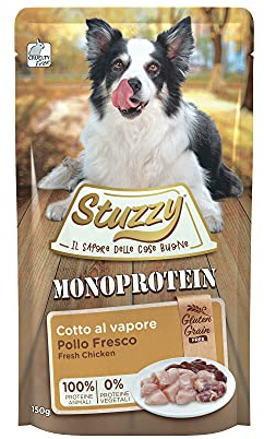 Stuzzy, Monoprotein Grain & Gluten Free, Cibo Umido per Cani Adulti al Gusto Pollo Fresco Preparato in Patè - Totale 1,8Kg (12 Buste da 150G)