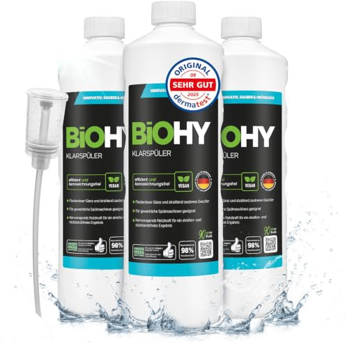 BiOHY Sköljmedel (3 x 1l flaska) + doser | Ekologiskt högkoncentrat | Lämplig för alla (kommersiella) diskmaskiner, för en oslagbar glans på glas & diskar Biologiskt nedbrytbar (Klarspüler)