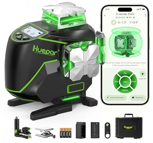 Huepar Laser Level 360 Self Leveling, 4x360° Green 4D Cross Line Laser with LCD Screen, Bluetooth Outdoor Pulse Mode Laser Tool for Construction -Remote Control, Li-ion Battery or 4 AA Batteries-S04CG