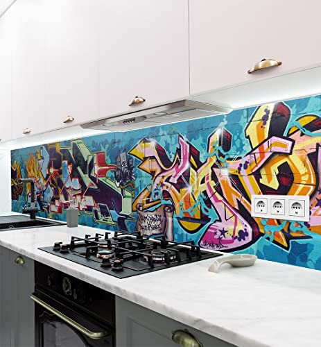 MyMaxxi - Selbstklebende Küchenrückwand Folie ohne Bohren - Motiv Graffiti 1 60cm hoch - Klebefolie Wandbild Küche - Wand-Deko – Bunt Schrift 340 x 60cm