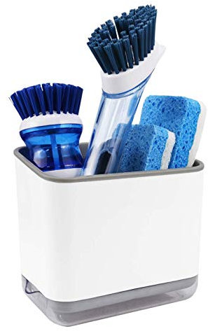 KeFanta Sink Counter Caddy, Dish Sponge Holder, Kitchen Sink Sponge and Brush Holder, Plastic Dish Scrubber Organizer with Drain Tray, White