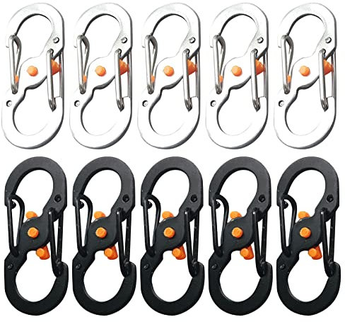 Cdemiy S Carabiner Clip, 10 PCS Mini Stainless Steel Carabiner, S Shape Keychain Hook Clip with Lock, for Small Backpacks Keys or Dog Tags for Home Outdoor Hiking Fishing Camping Travel