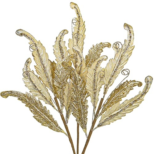 GnFlus 3 Pcs Christmas Glitter Leaves Large 27 Inch Artificial Glittered Leaf Picks and Spray Stems Ornament for Tree Wedding DIY Xmas Wreath Garland Floral Arrangement Home Decor - Gold