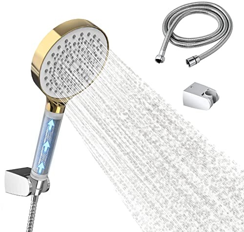 EMKE Duschkopf mit Schlauch, Wassersparender Duschkopf druckerhöhend mit Filter, 1.5m Schlauch und Halterung Sparduschkopf mit 6 Strahlarten, Druckerhöhend Duschbrause Handbrause Set (Weiß Gold)