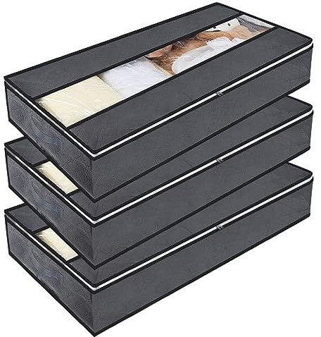 Contenitore Sottoletto Pieghevole 90L, 3 PCS Contenitori Armadio per Vestiti Sotto il Letto Tessuto con Manico, Traspirante Organizer Sotto Letto Salvaspazio per Piumoni e Coperte - 100x50x18cm