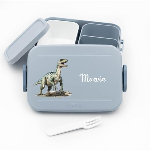 Geschenkfreude Personalisierte Brotdose Dinosaurier Kinder für Mepal - Lunchbox mit Trennwand Name, Kindergarten, Schule - Alles für den Schulanfang - Dino Kinder - Brotdose mit Namen