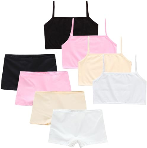 Lot De 4 Soutien-Gorge D’entraînement Fille Coton Ensemble Brassiere Soutien-Gorge Sport + Culotte, Soutien-Gorge sans Armature Fille Gilet Undies sous-vêtements 7 à 10 Ans