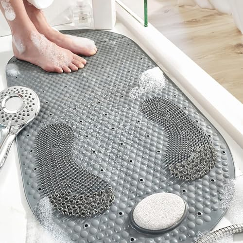 Bath Mat, TPE Non Slip Shower Mat with Suction Cups, 15.7 x 31.4 inch, Foot Scrubber Bath Mats with Removable Pumice Stone for Foot Massage