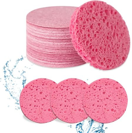 BOBOPACK 60 Pcs Eponge Visage, éponge Nettoyante Compressée, Eponge Demaquillante, Pour le Démaquillage du Visage, Éponge Cosmétique Ronde Réutilisable pour Nettoyage du Visage (Rose)