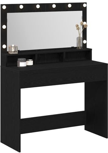 vidaXL Smyckebord med hylla Svart Ek 100 x 41 x 135 cm Konstruerat trä, Modern rektangulär förvaringsenhet, sovrumsmöbel, sminkbord, minimalistisk sminkplats med lampor, hållbart konstruerat trä
