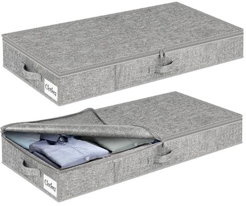 2 Pack Under Bed Storage Box with Lid, 10cm Tall Shallow Underbed Storage Bags with Zip, Foldable Thick Fabric Underbed Storage and Organisation with Sturdy Bottom/Sides for Clothes, Blankets, Bedding