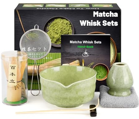 7 Pièces Matcha kit ceremonie japonais, Fouet matcha en bambo, bol matcha, cuillère à thé, Porte-Fouet, kit matcha complet, Coffret matcha, pour la cérémonie du thé, la boisson - Vert