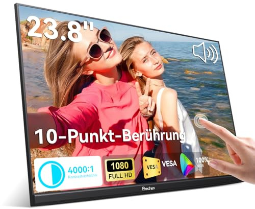 23,8 Großer Portable Touchscreen-Monitor, 100% sRGB VA FHD 1080P, 4000:1 Kontrast, VESA, Lautsprecher, 90° Verstellbarem Ständer, USB-C HDMI, 75Hz Tragbarer Touch Bildschirm für Laptop/PC/Smartphone