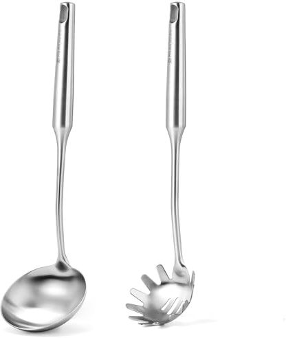 Stainless Steel Soup Ladle and Spaghetti Spoon Set - Large Ladle Spoon, Pasta Strainer, Durable Kitchen Cooking Utensils for Stirring, Serving Pasta, Soup & Sauce，Christmas Gifts