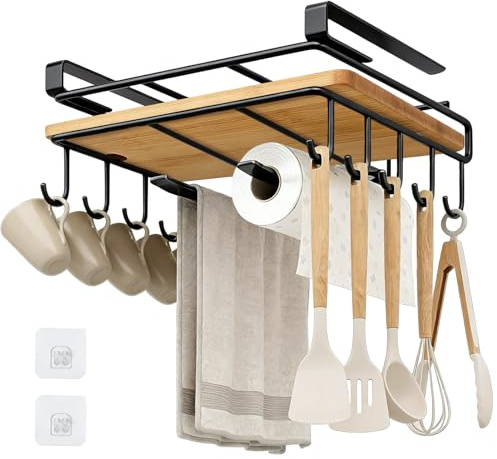 COEWUR Soporte para Tazas con 10 Ganchos para Taza Debajo del Gabinete Taza de Café Gancho Soporte Colgante de Cocina con 2 Barras y 1 Soporte para Tabla de Cortar, para Vaso Utensilio (sin Taladrar)