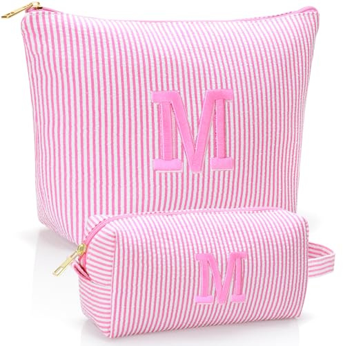 YILANCOL Personalized Initial Makeup Bag,Toiletry Travel Cosmetic Bag,Trendy Stuff for Teen Girls and Women,Holiday & Birthday Gift,2 Pack (M, Pink)