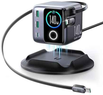 JOYROOM PODIX 140W 5-in-1 GaN Ultra Charging Station, USB-C Fast Charger with 2 Retractable 100W Cables (80cm), 1.54 Smart LCD Display, Compatible with MacBook, iPhone, Samsung | For Office & Home