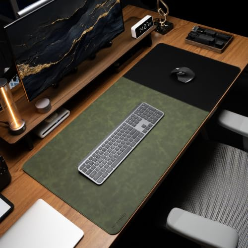HAUTOCO Cork Desk Mat 80cm x40cm, Distressed Dark Green PU Leather & Smooth Cloth Mouse Pad, Non-Slip Large Gaming Desk Pad with Stitching Edges for Office Home