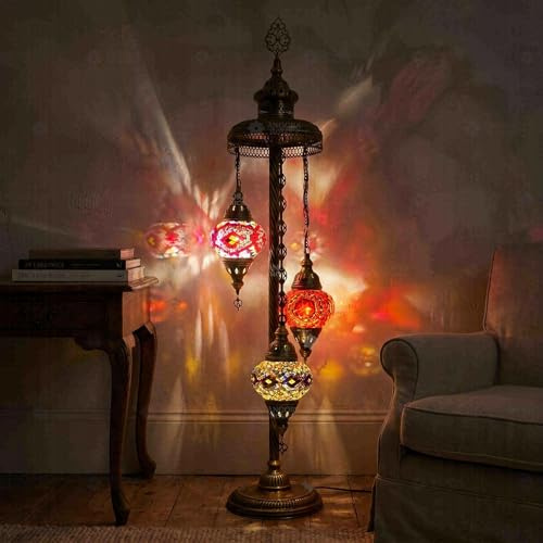 ENVA Turkish Mosaic Floor Lamp - 3 Globe Red and Amber Standing Light - Handmade Moroccan Boho Decor
