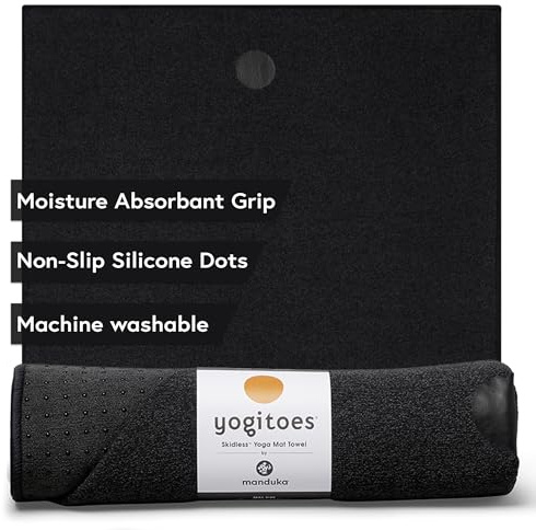 Yogitoes Manduka Yoga Towel for Mat Nonslip and Quick Dry for Hot Yoga with Rubber Bottom Grip Dots 72 Inch Long Onyx Thin and Lightweight (262023001)