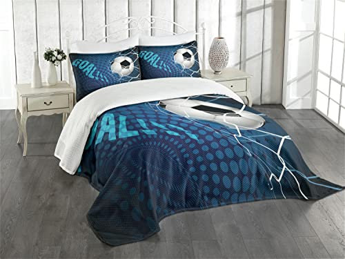ABAKUHAUS Fußball Tagesdecke Set, Zusammenfassung Ziel Muster, Set mit Kissenbezügen Weicher Stoff, für Doppelbetten 220 x 220 cm, Blau schwarz-weiß