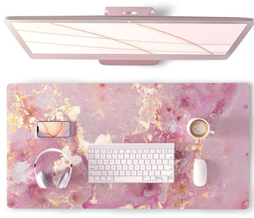 QIYI Large Mouse Pad, Cute Pink Desk Mat for Desktop, Women Girls PU Leather Desk Pad Waterproof Gaming Mousepad, Rose Gold Marble Computer Protector Writing Pad for School Office Home 31.5 x 15.7