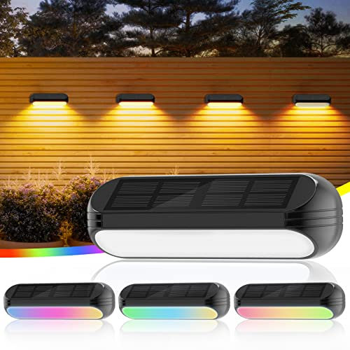 GEARLITE Solar Lights Outdoor Garden, 4 Pack Solar Fence Lights with Warm White and Multi-Colour Changing Modes, Waterproof Garden Ornaments Outdoor for Fence Stairs Step Terraces Deck