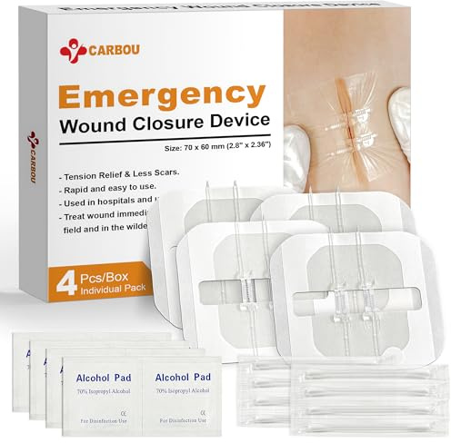 Carbou Emergency Wound Closure Strips - 4 Pcs - Zip Stitch Butterfly Bandaids - Laceration Closure Kit - Stitchless & Easy to Use