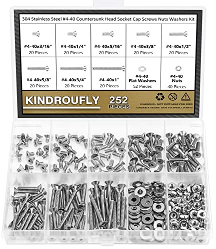 Kindroufly 252 Pieces #4-40 x 3/16, 1/4, 5/16, 3/8, 1/2, 5/8, 3/4, 1, Countersunk Head Socket Cap Screws Nuts Washers Assortment Kit, 304 Stainless Steel, Fully Machine Thread