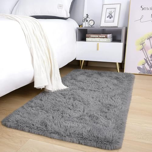 AMEHA Rugs Living Room - Grey Area Rugs for Bedroom Non-Slip - Modern Super Soft Fluffy Shaggy Thick Pile Small Rug Non-Shedding, 50cm x 80cm