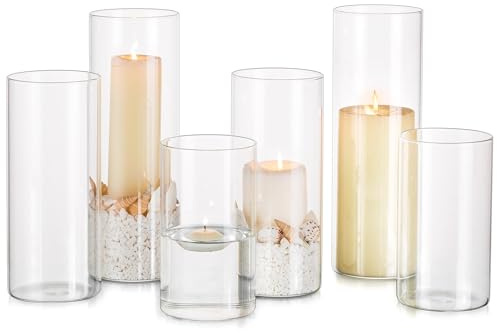 Glasseam Glass Candle Holders for Pillar Candles, Hurricane Candle Holder 6 for Tea Light Votive Floating Candles, Large Candle Holders for Dinner Table Decor, Cylinder Flower Vase for Pampas Grass