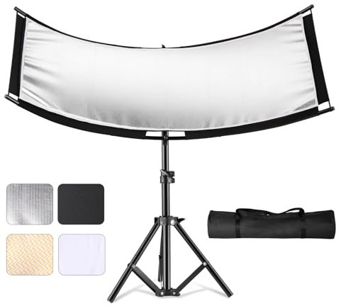 SUPON Difusor Reflector de Luz Clamshell con Soporte y Bolsa de Transporte Reflector de Iluminación Curvo 180 * 60cm,4 en 1 Clamshell difusor para fotografía Estudio,Negro/Blanco/Dorado/Plateado