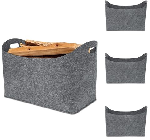 Froadp Lot de 4 sacs en feutre pour bois de cheminée, sacs à provisions en feutre multifonctionnels, panier à bûches de cheminée pliable avec poignées renforcées, capacité de charge jusqu'à 60 kg,