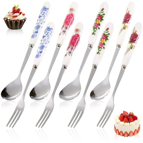 Cake Forks Dessert Spoons 8PCS Flower Dessert Forks Ceramic Handle Spoon, Creative Stainless Steel Cake Fork Forreen Coffee Spoon Gift Tableware for Sundae Latte Coffee Tea Honey Fruit Cake