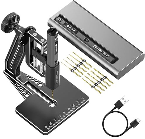 5-Speed Electric Mini Drill Pen with Hedgehog Benchtop Press, ARROWMAX 10 Small Drill Bits with Aluminium Box, OLED Display, LED Lights, 3/32-Inch Keyless Chuck (SDS Ultra Plus)