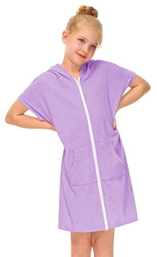 SRTUMEY Cache-maillot de bain à capuche en éponge à fermeture éclair pour enfants en coton à manches courtes avec poches, robe de ballet pour filles, cadeaux de Noël, violet, 8-9 ans