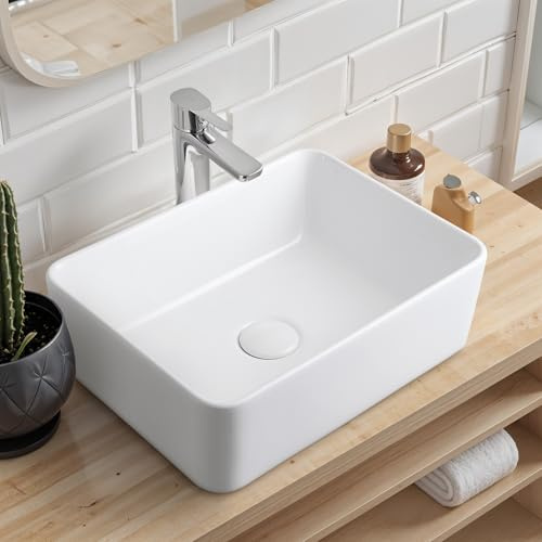 Warmiehomy Lavello da appoggio in ceramica, rettangolare, in ceramica, con scolapiatti per bagno, guardaroba, lavabo (bianco, 40 x 30 x 13 cm)