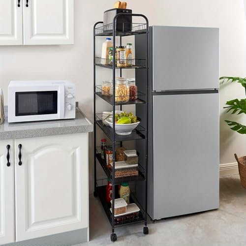 HAUSPROFI 6-Tischig Küchenregal mit Rollen und Körben, Dünnes Standregal für Küche, Badezimmer, Büro, Wäschezimmer, Enge Räume - Schwarz - 25,4 cm x 58 cm x 155 cm (10 Zoll)