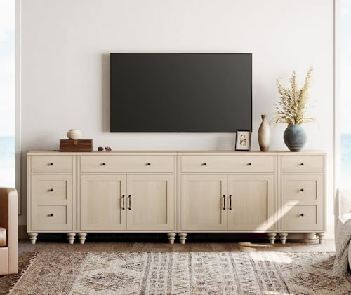 WAMPAT Farmhouse TV Stand for 100 Inch TV, 4-in-1 TV Console Table for 75/80/85/90 Inch TV, Entertainment Center with Charging Station, Kitchen Sideboard Buffet Cabinet for Dining Room, Light Oak